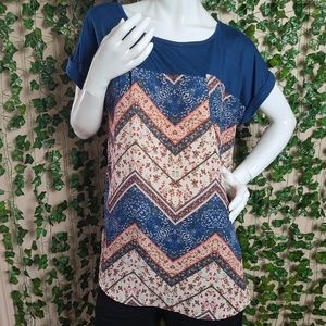 Rewind Women's Navy Boho Floral Roll-up Sleeves Lightweight Top